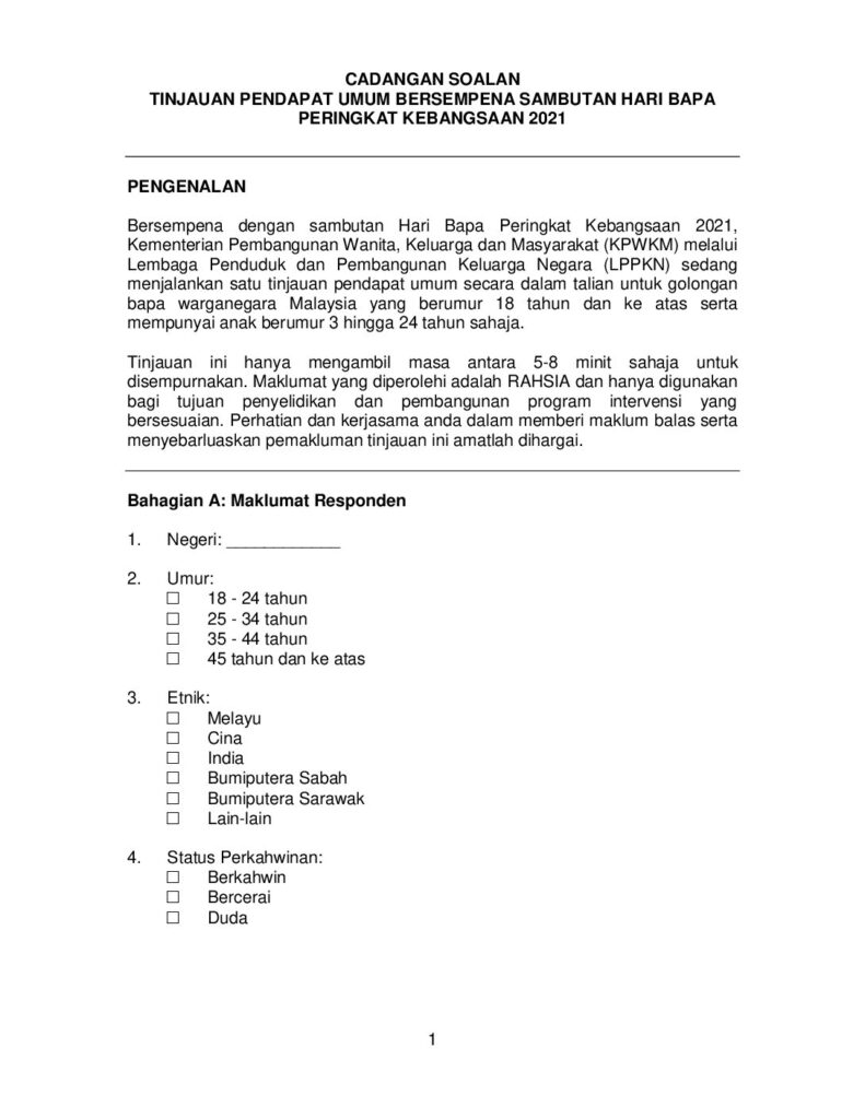 Tinjauan Pendapat Umum Bersempena Sambutan Hari Bapa Peringkat Kebangsaan 2021