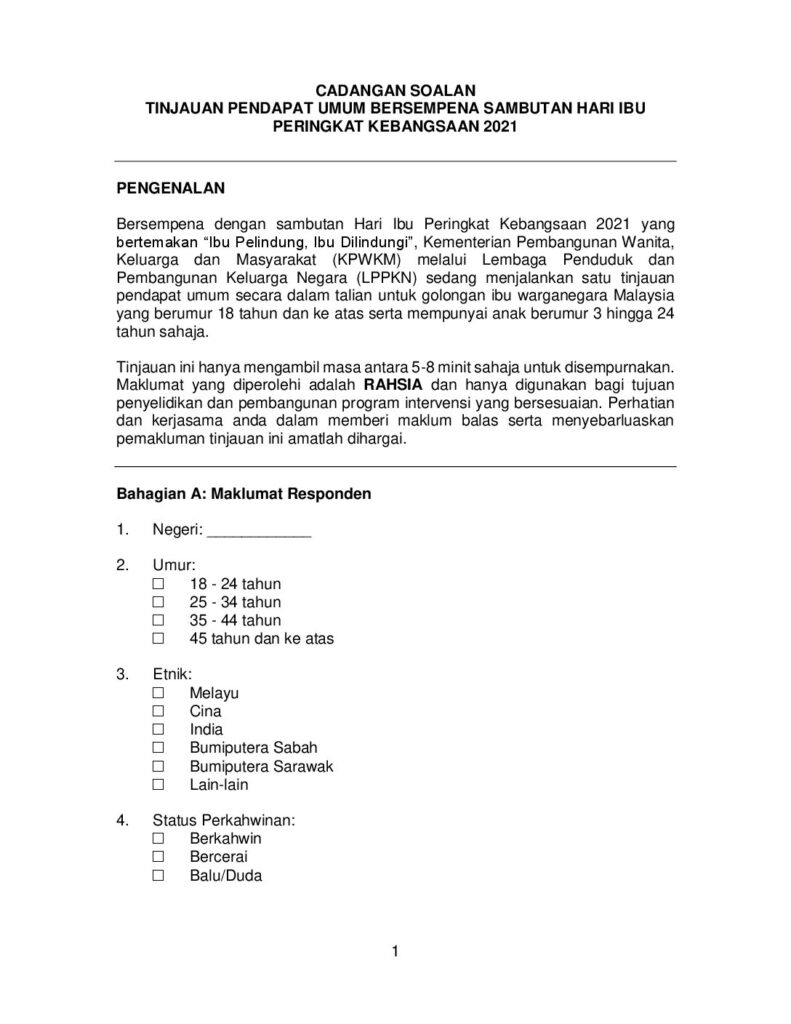 Tinjauan Pendapat Umum Bersempena Sambutan Hari Ibu Peringkat Kebangsaan 2021
