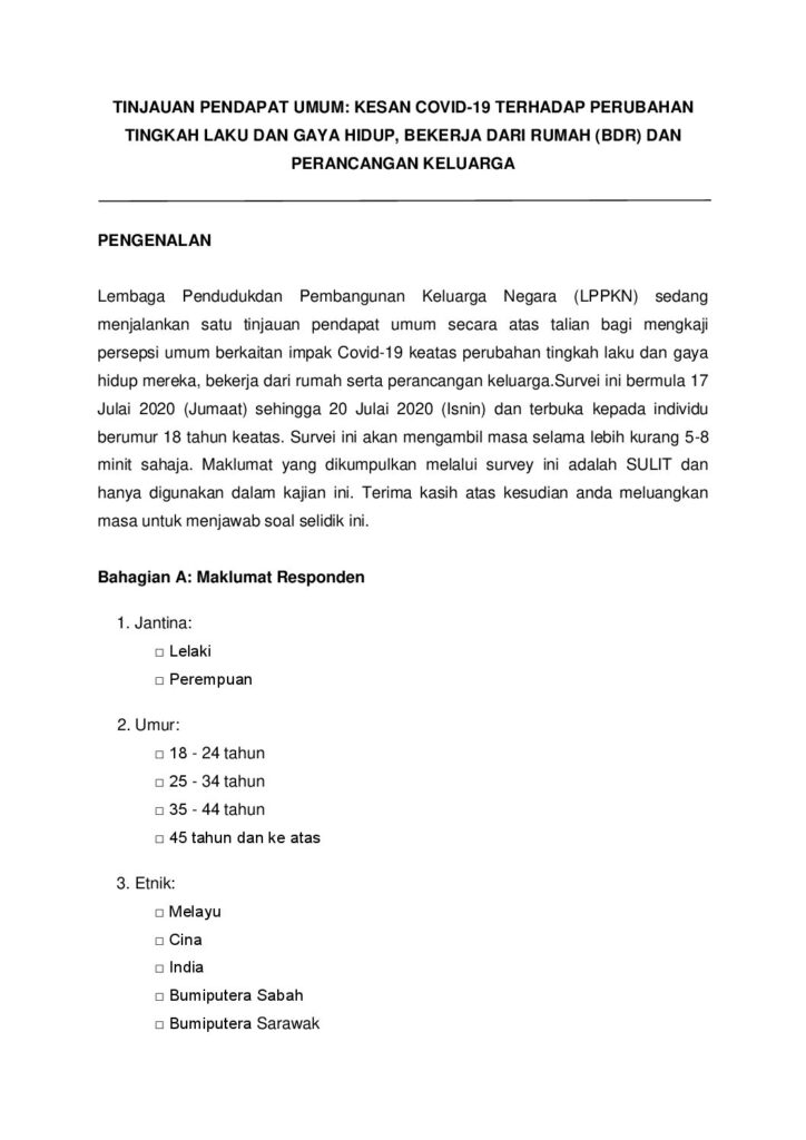 Tinjauan Pendapat Umum Kesan COVID-19 Terhadap Perubahan Tingkah Laku Gaya Hidup Bekerja Dari Rumah (BDR)  dan Perancangan Keluarga