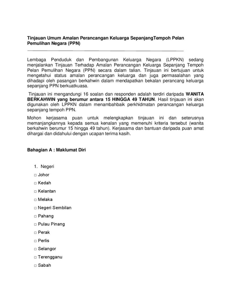 Tinjauan Umum Amalan Perancangan Keluarga Sepanjang Tempoh Pelan Pemulihan Negara (PPN)