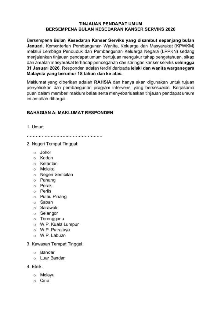 Tinjauan Pendapat Umum Bersempena Bulan Kesedaran Kanser Serviks 2026